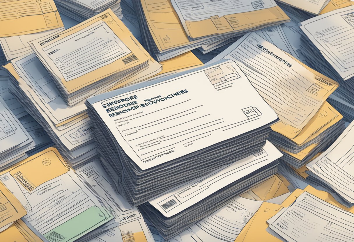 A stack of expired Singapore Rediscover vouchers sits untouched on a desk, surrounded by unanswered frequently asked questions
