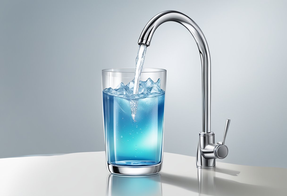 Clear glass with condensation, filled with flowing Singapore tap water from a silver faucet