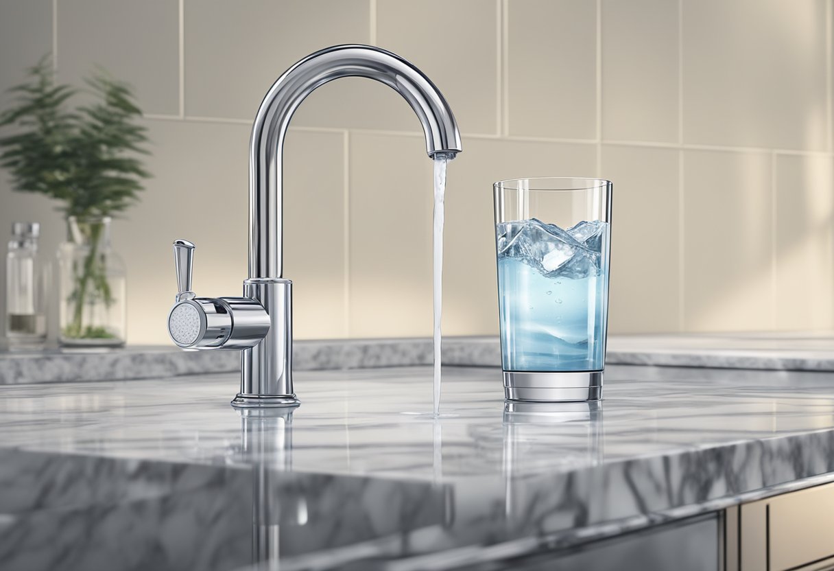 A clear glass of tap water sits on a marble countertop, with a modern faucet in the background. The water appears clean and inviting