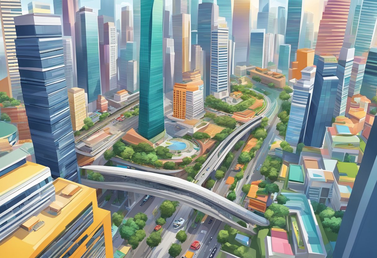 A bustling cityscape with modern skyscrapers and vibrant street life, showcasing the dynamic energy and diversity of Singapore's urban landscape