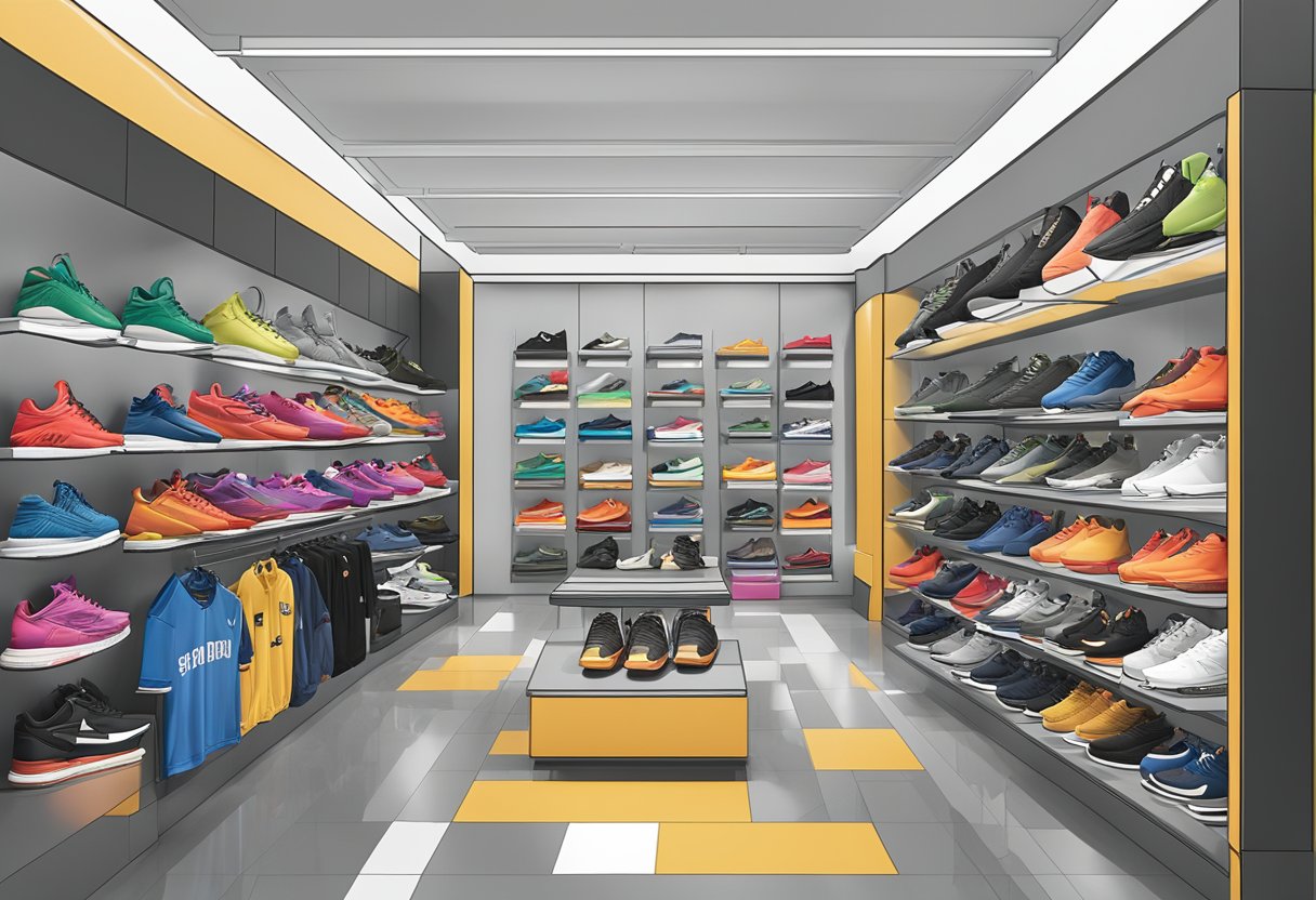 A display of various branded products at Foot Locker Singapore, showcasing a wide range of footwear and apparel