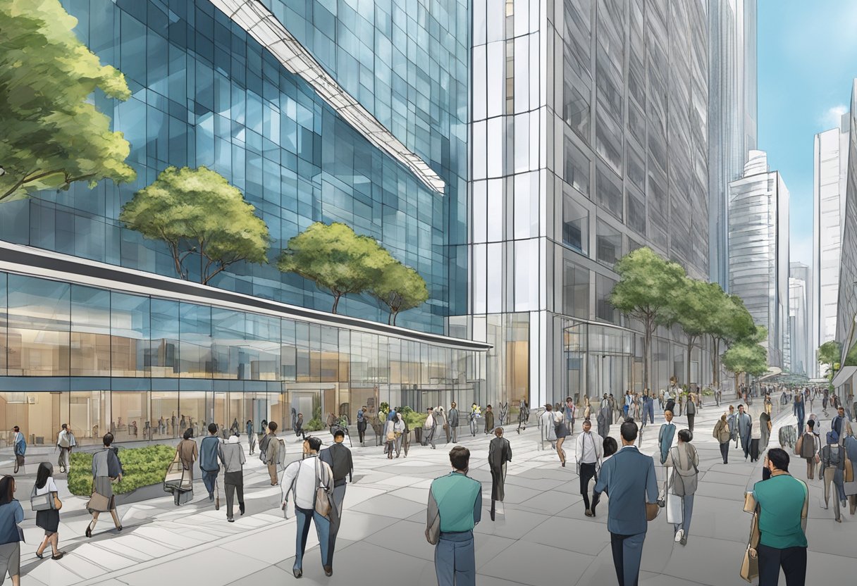 A bustling financial district in Singapore, with Saxo Bank's logo prominently displayed on a sleek, modern building. Traders and professionals are seen entering and exiting the building, showcasing the active and dynamic atmosphere of Saxo's offerings in the city