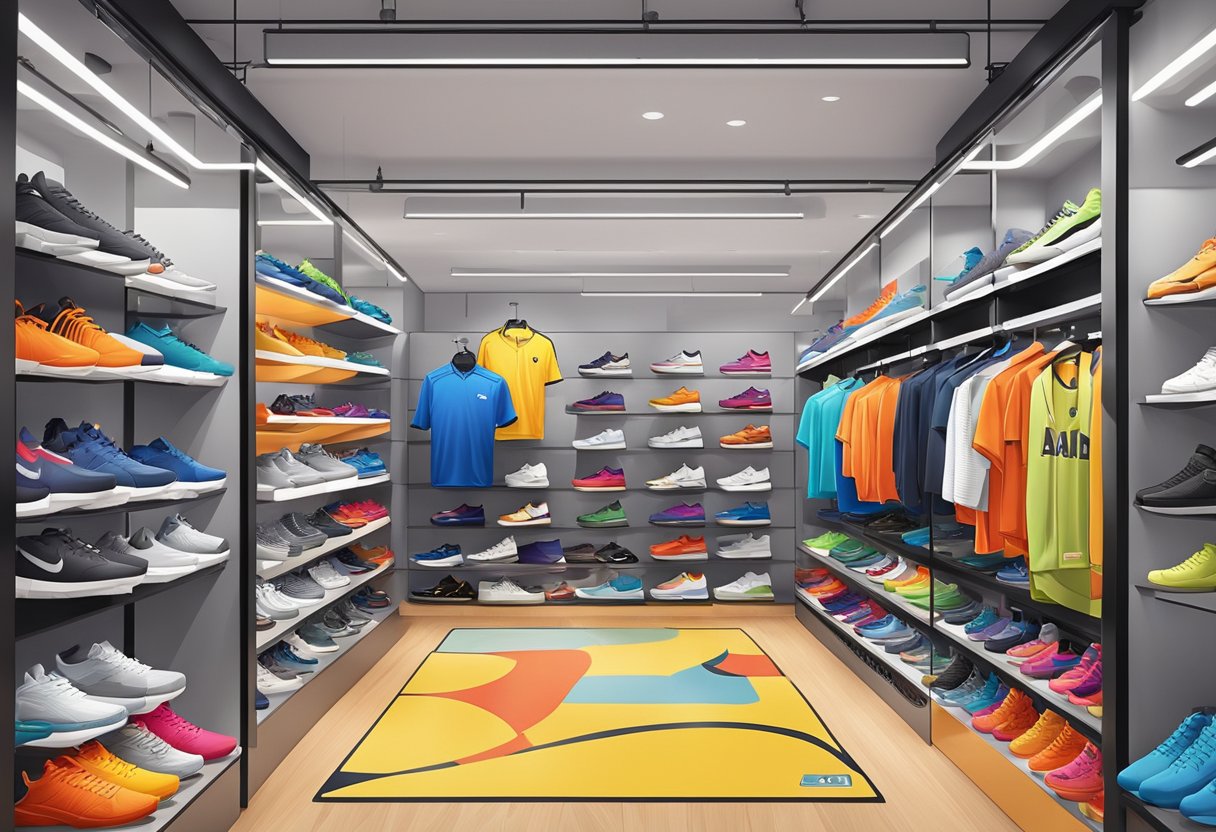 A colorful display of sports shoes and apparel with a "Frequently Asked Questions" sign at a Foot Locker store in Singapore