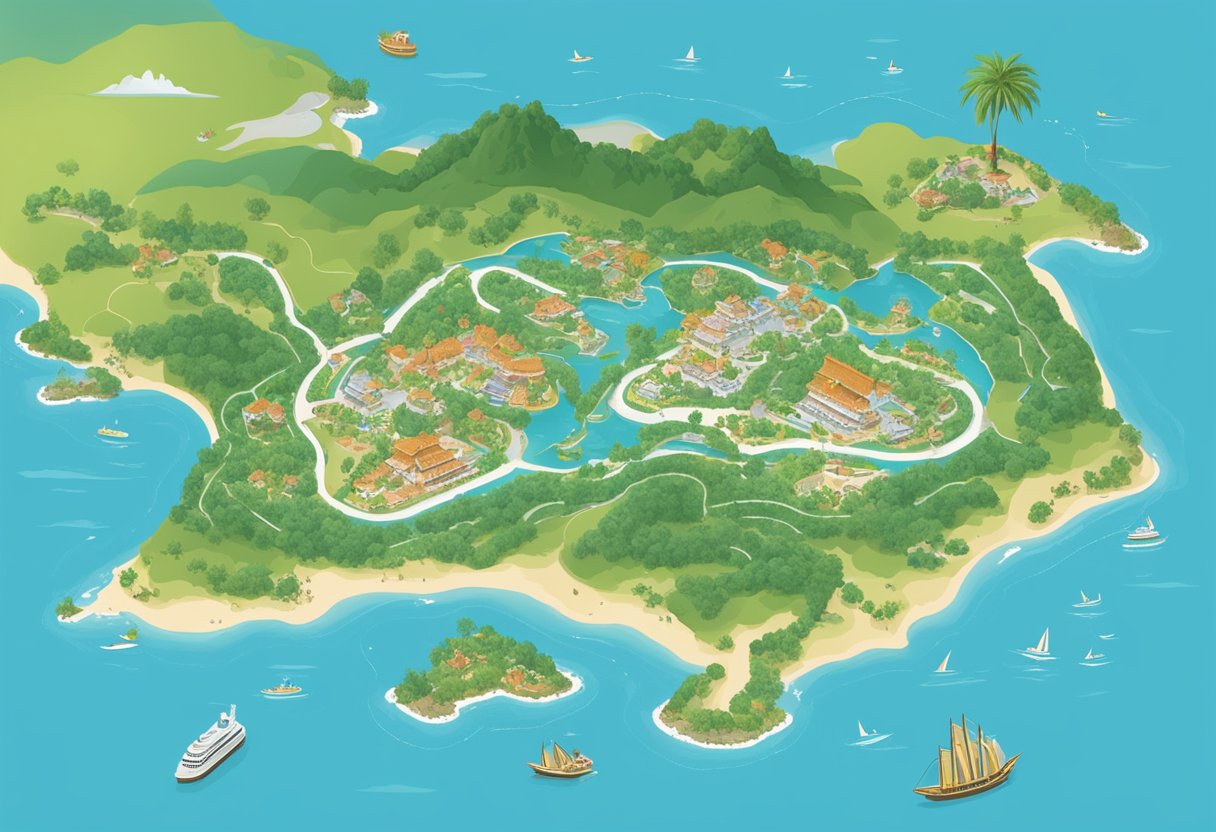 A map of Singapore with a dotted line leading to Redang Island, surrounded by images of beaches, palm trees, and clear blue waters