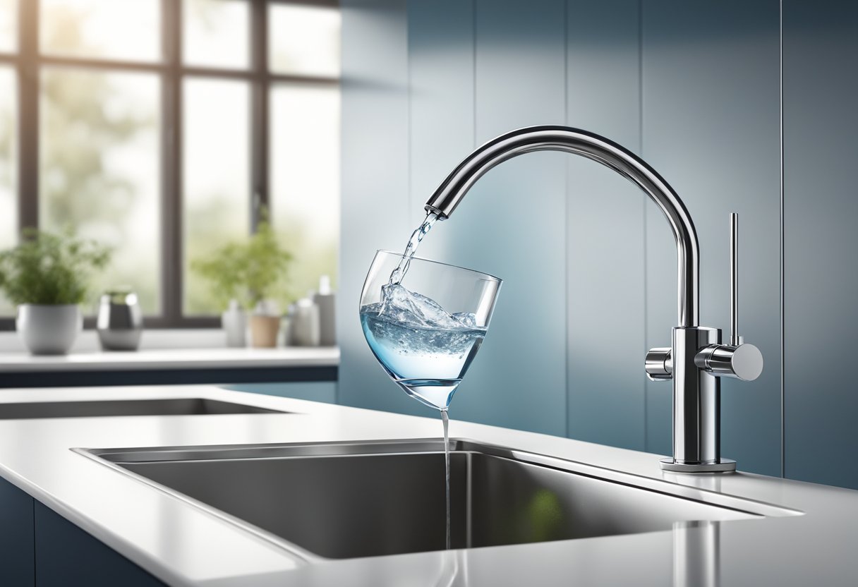Clear tap water flowing from a faucet in a modern kitchen, with a glass placed underneath to catch the water