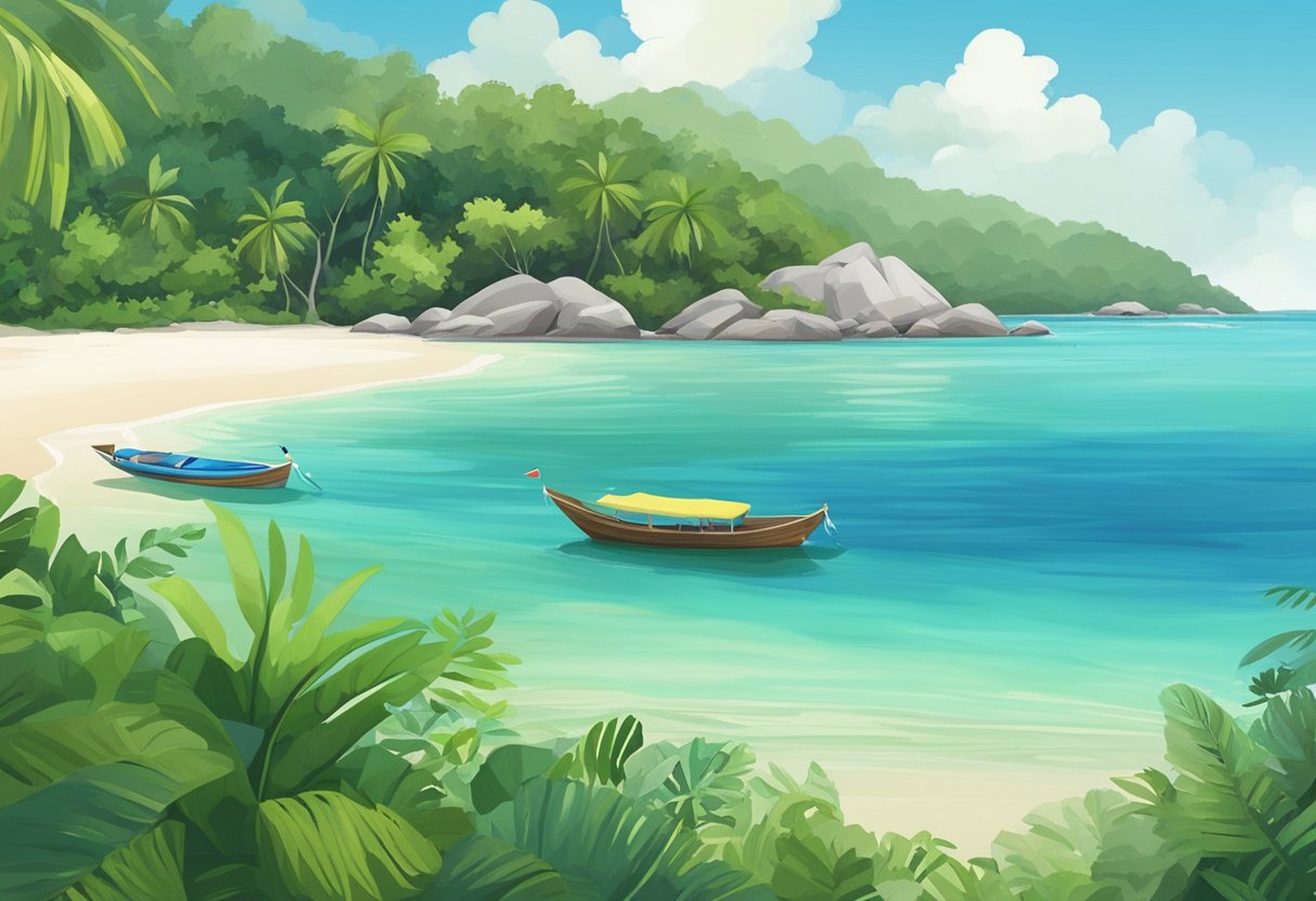 A picturesque beach on Pulau Redang, with crystal clear waters and lush greenery, invites relaxation and enjoyment