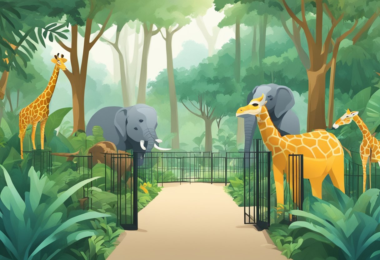 Animals roam in lush enclosures at Singapore Zoo, with discounted ticket signs displayed