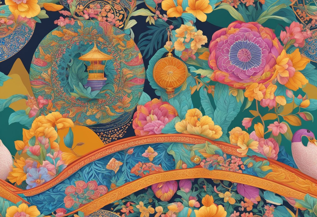 A colorful display of traditional Singaporean textiles and clothing, with intricate patterns and vibrant colors, arranged in a heritage-inspired setting