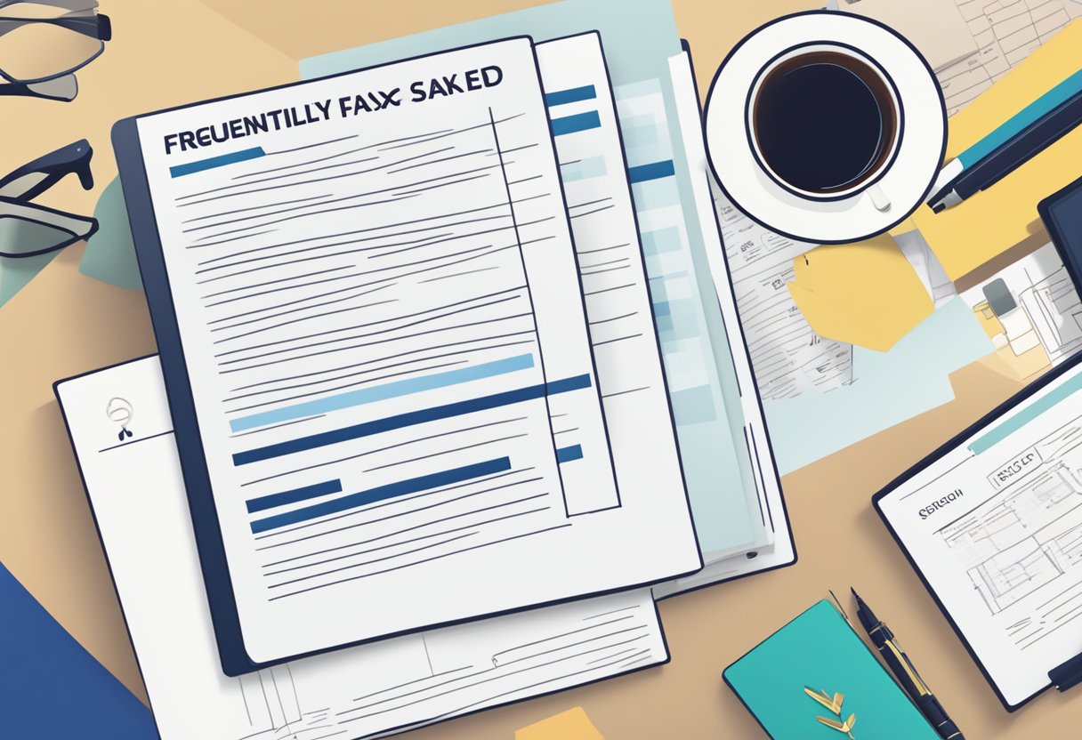 A stack of FAQ sheets with "Frequently Asked Questions" and "Saxo Singapore" printed on top, surrounded by a laptop, pen, and coffee cup
