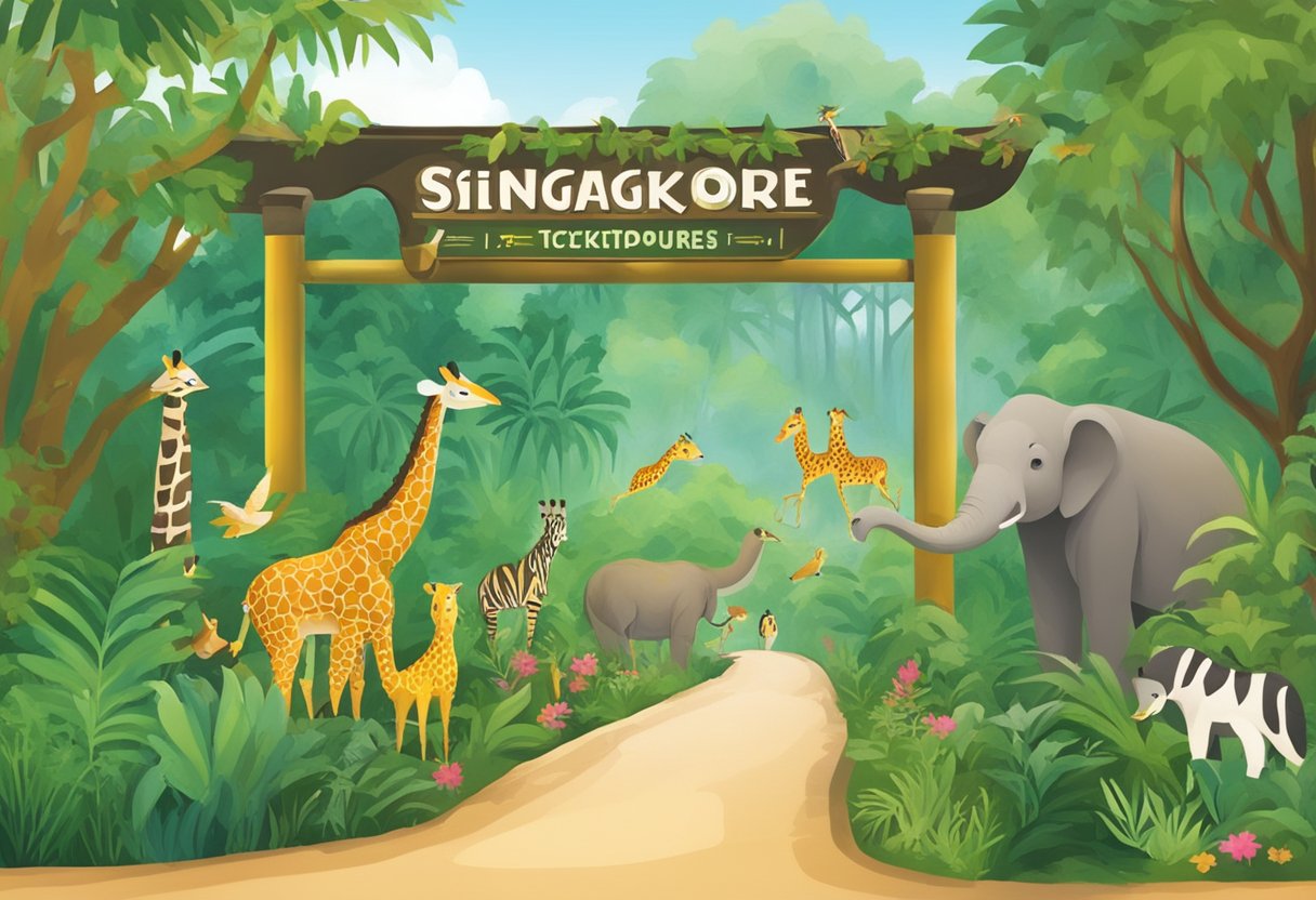 A sign outside the Singapore Zoo displays "Ticketing Information" with a prominent "Discount" label. The background features lush greenery and a colorful array of wildlife