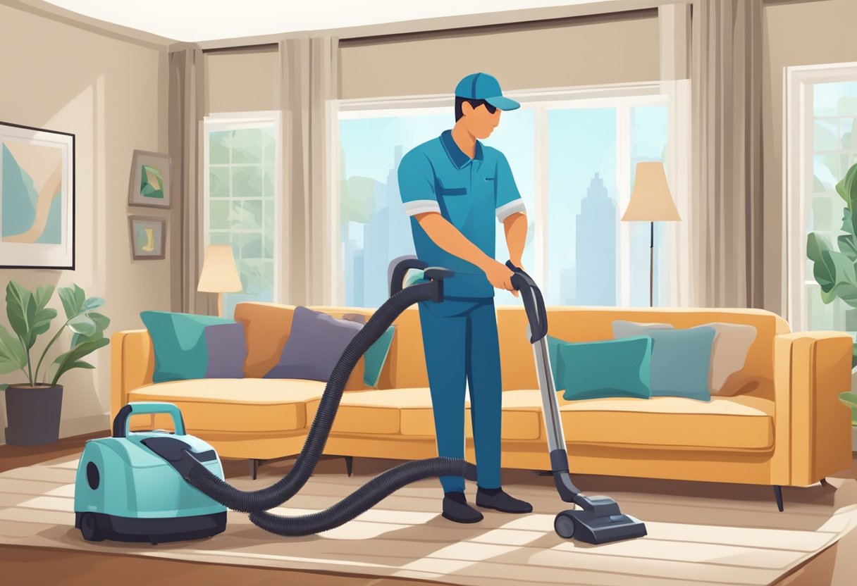 A professional cleaner using a vacuum and upholstery cleaner to deep clean a sofa in a well-lit living room