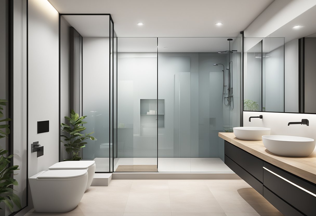 A modern bathroom with a sleek glass shower screen in a minimalist Singaporean home