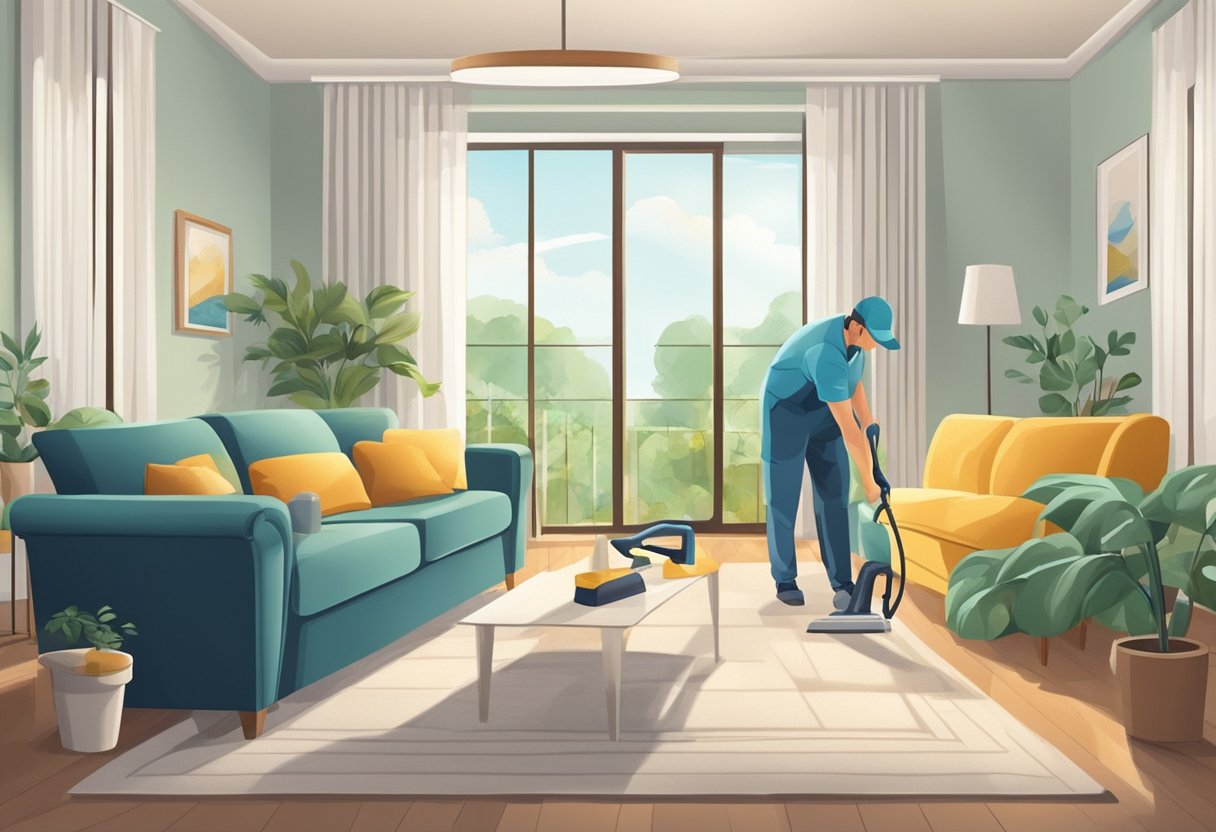 A professional cleaner sprays and wipes a sofa in a well-lit living room, using specialized tools and solutions