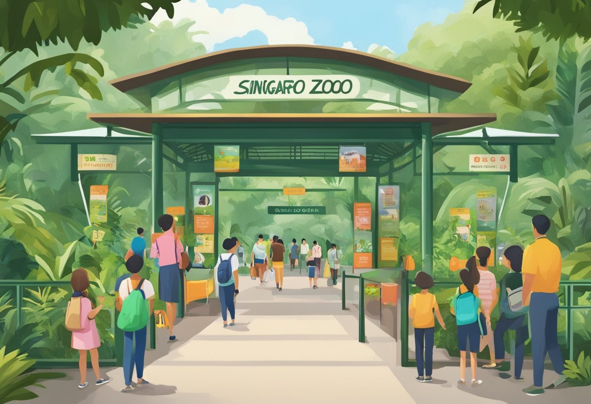 Visitors purchase tickets at the entrance of Singapore Zoo, with signs promoting discounts and special offers. Lush greenery and animal enclosures surround the area