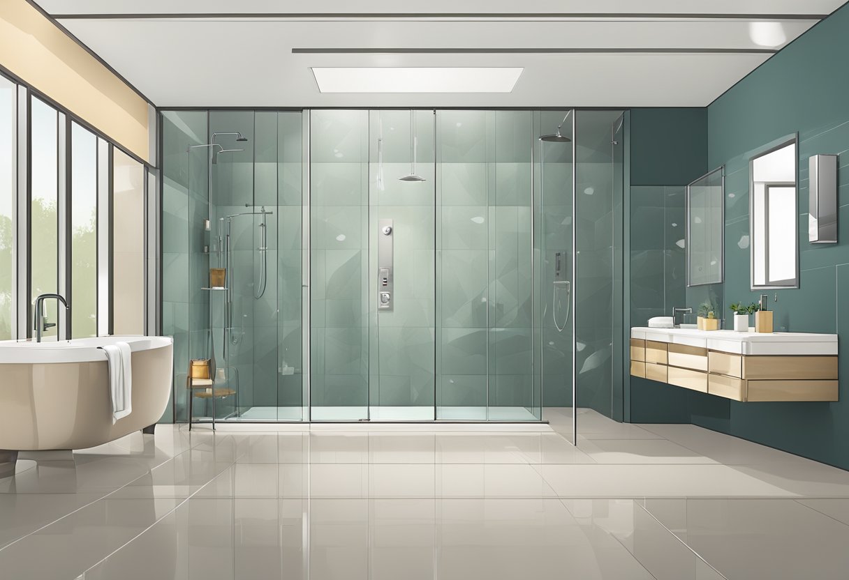 A bathroom with various types of shower screens displayed against a neutral background