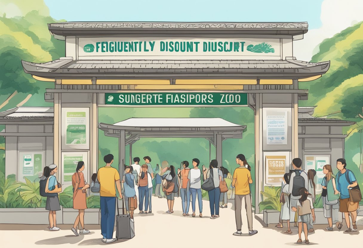 Visitors line up at the entrance, holding discount coupons. A sign overhead reads "Frequently Asked Questions: Singapore Zoo Discount."