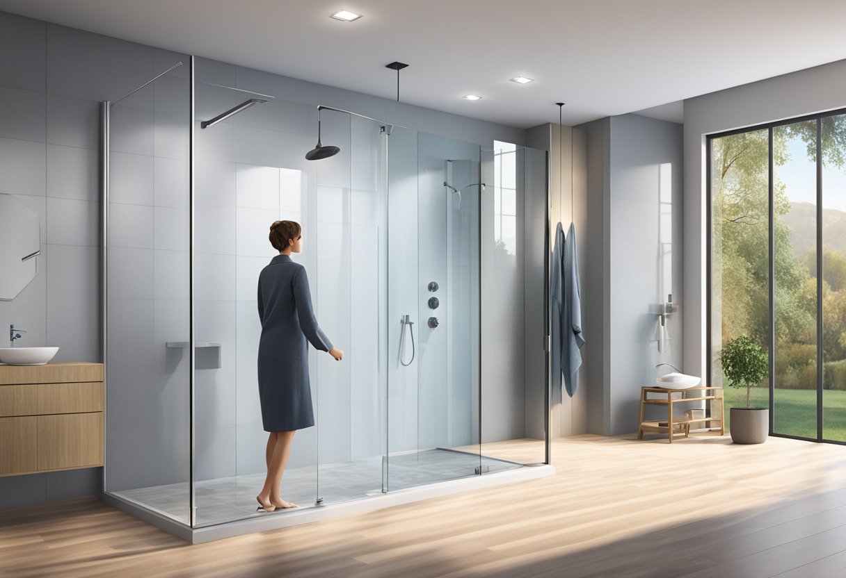 A person selects a sleek, modern shower screen from a variety of options in a showroom