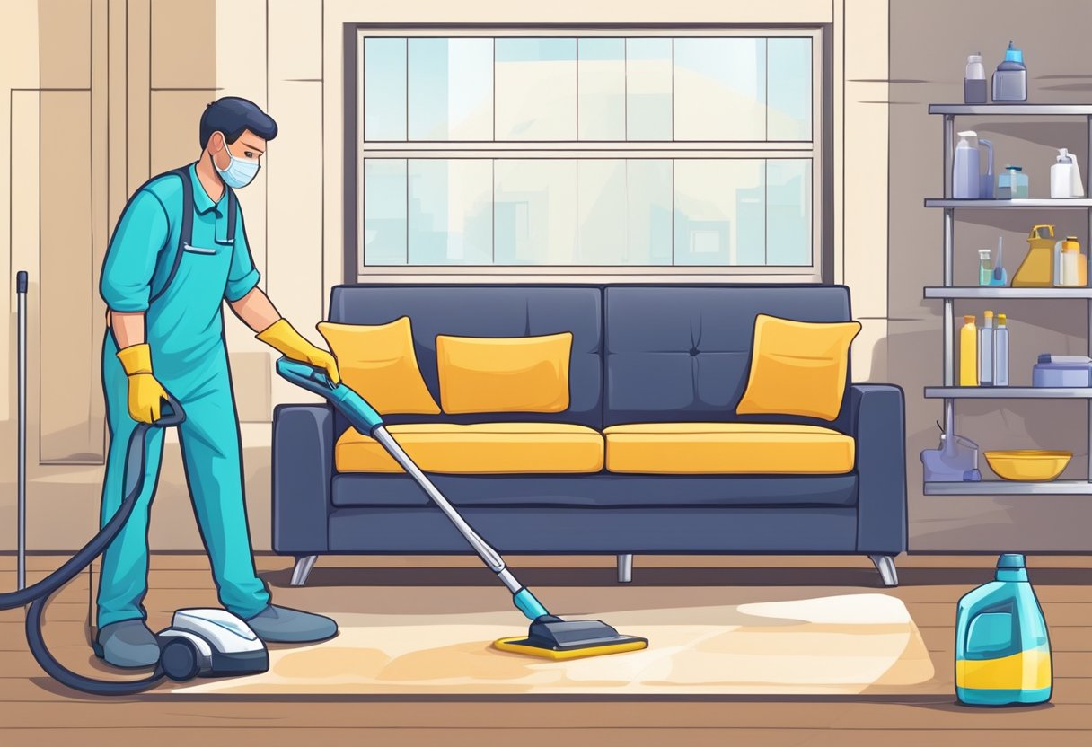 A professional cleaner sprays and scrubs a sofa, removing dirt and stains. Equipment and cleaning products are neatly organized nearby