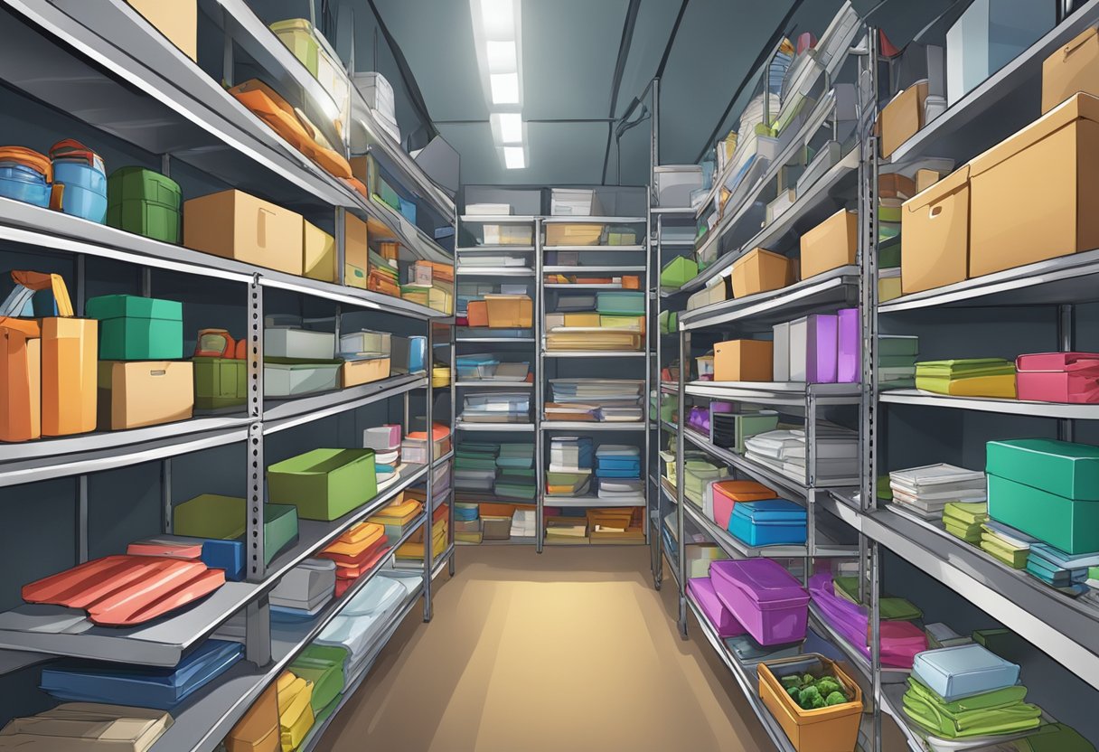 A cluttered store room in Singapore with metal racks filled with various items