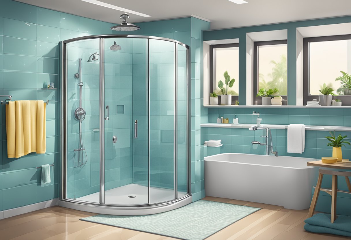A shower screen with "Frequently Asked Questions" text, surrounded by modern bathroom fixtures and accessories