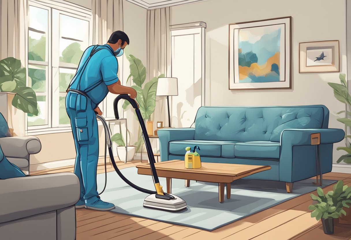 A professional cleaner using specialized equipment to deep clean a sofa in a well-lit living room