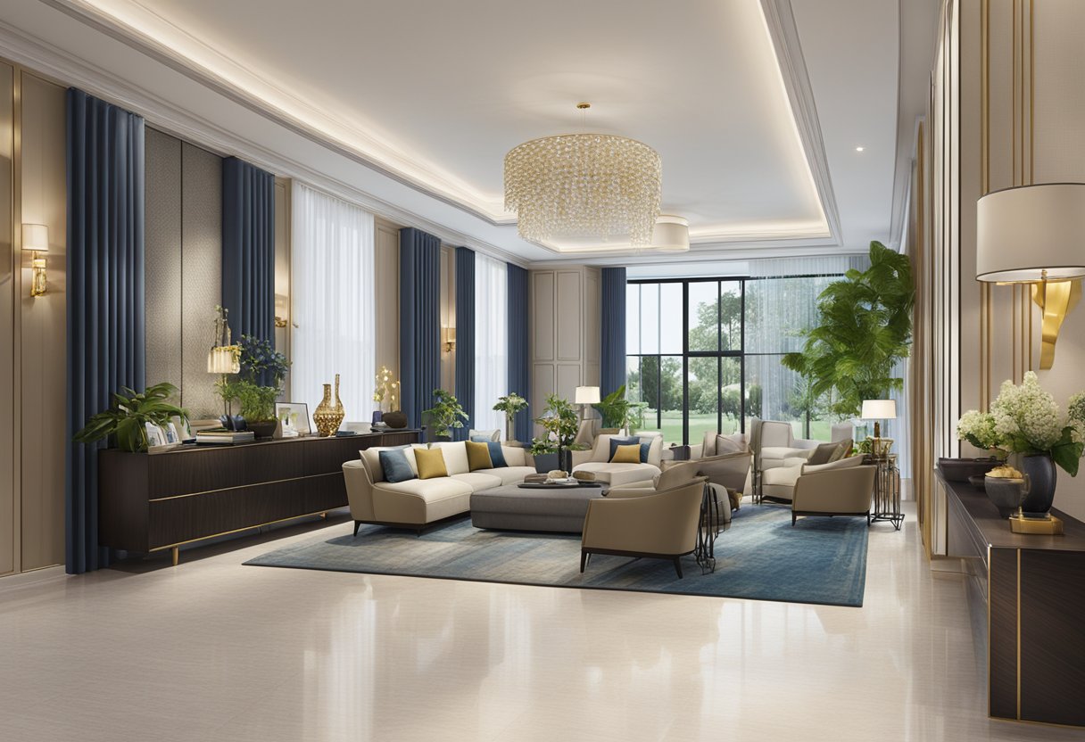 A grand, modern furniture showroom in Singapore, showcasing elegant and luxurious pieces for the home