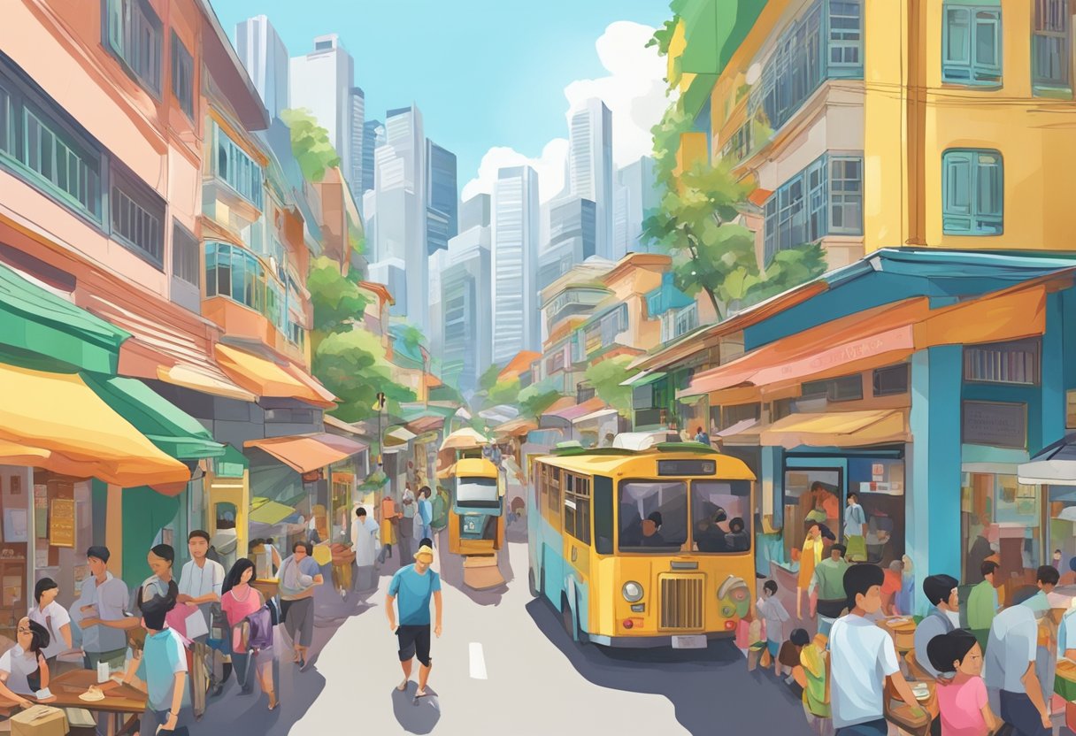 A bustling street in Singapore, with colorful buildings and people going about their daily activities. The scene is filled with energy and a sense of community