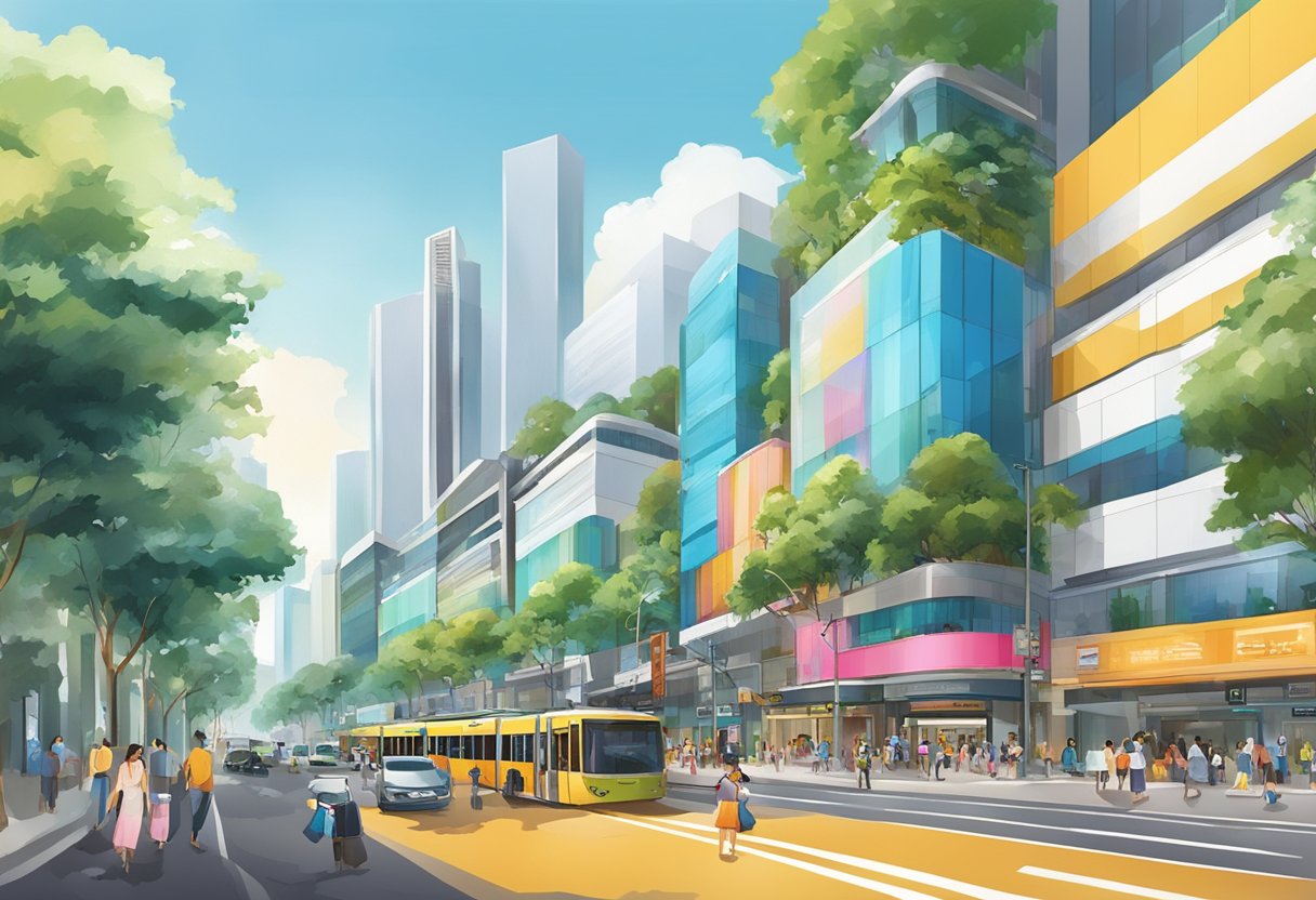 Orchard Road 313 Somerset, Singapore: bustling street with modern architecture, vibrant shops, and colorful billboards