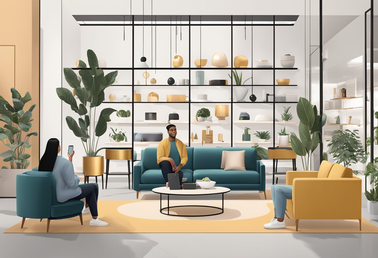 Customers browsing modern furniture at Castlery's flagship store, surrounded by sleek displays and elegant decor