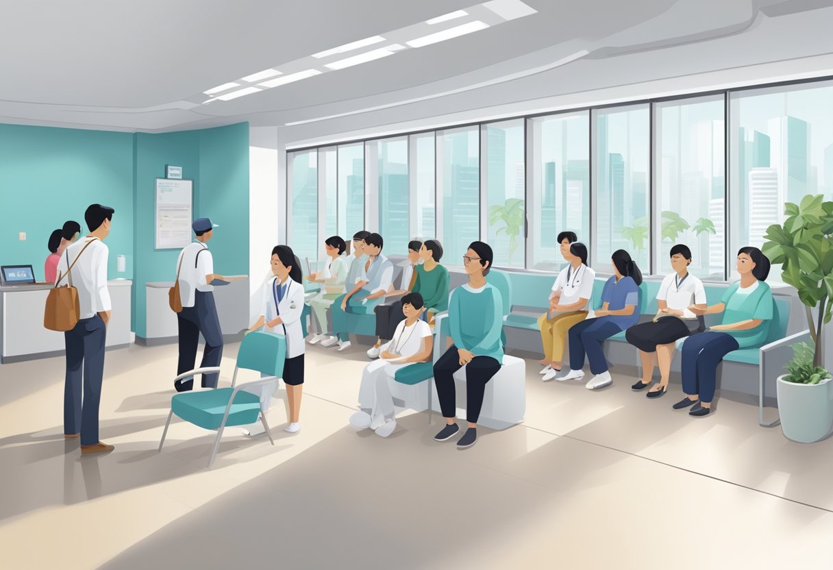 A bustling polyclinic in Singapore, with patients waiting in the modern and clean waiting area, while medical staff attend to them in the background