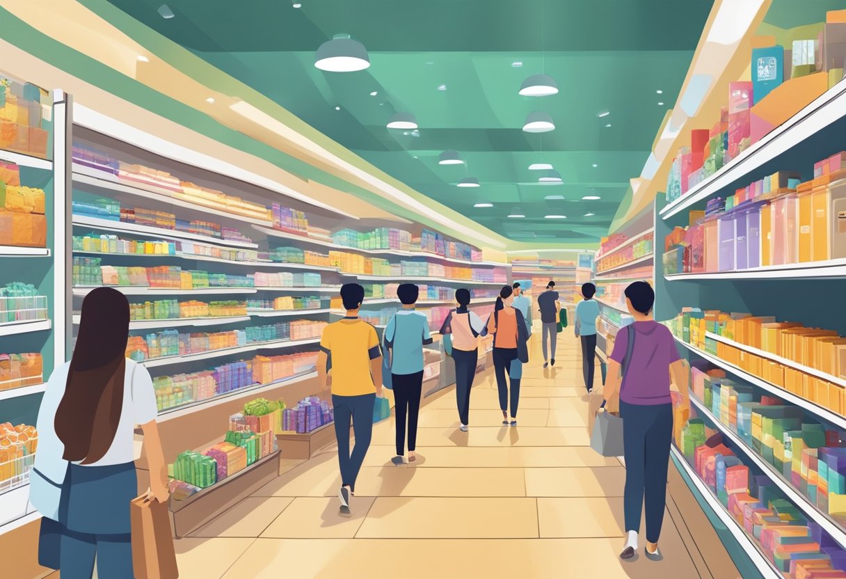 Customers browsing aisles of Mustafa Centre, Singapore. Brightly lit shelves filled with diverse products. Busy atmosphere with people moving about