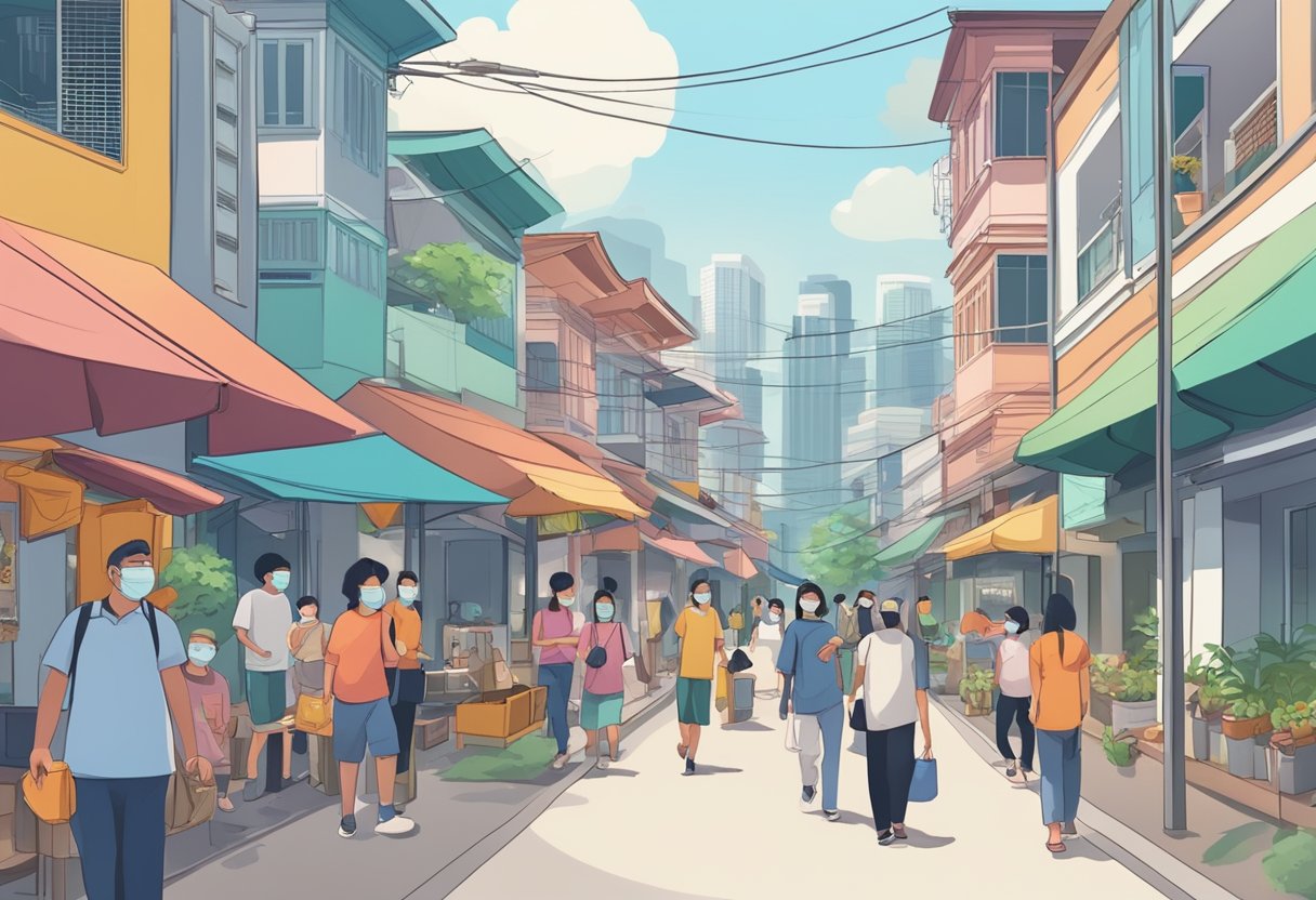 A bustling Singaporean neighborhood with people wearing masks, maintaining social distance, and following strict hygiene measures