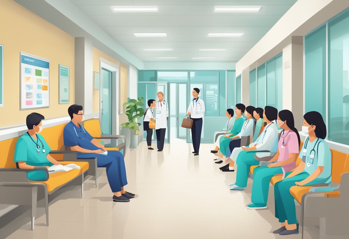 The bustling waiting area of a Singapore polyclinic, with patients sitting in rows, nurses at reception, and doctors moving through the corridors
