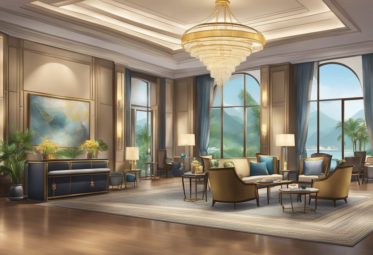 The scene depicts a luxurious hotel lobby in Singapore, with elegant furnishings, a concierge desk, and a display of amenities and services offered