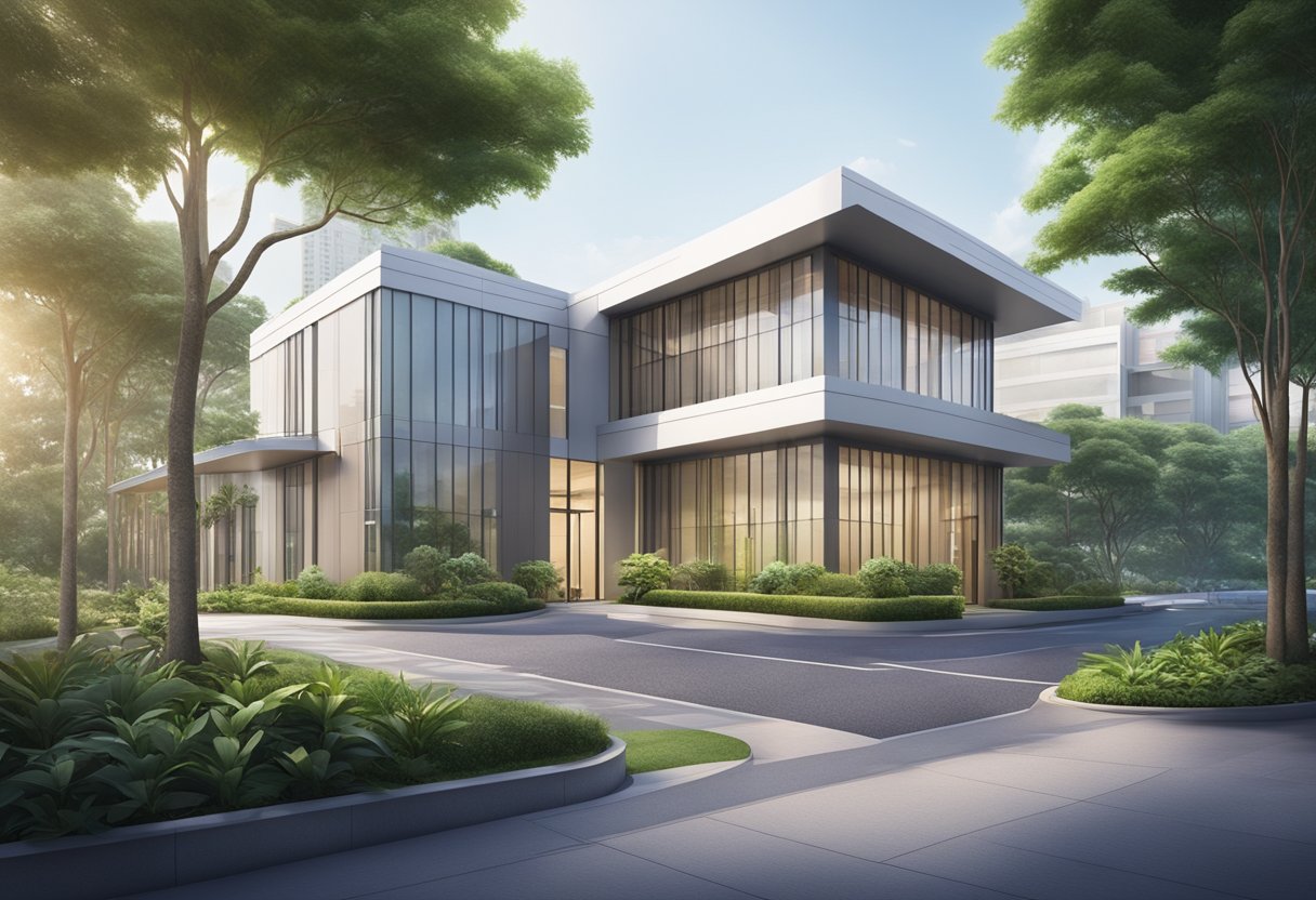 A modern polyclinic in Singapore, with sleek architecture and a welcoming entrance. The building is surrounded by lush greenery and has a calm, peaceful atmosphere