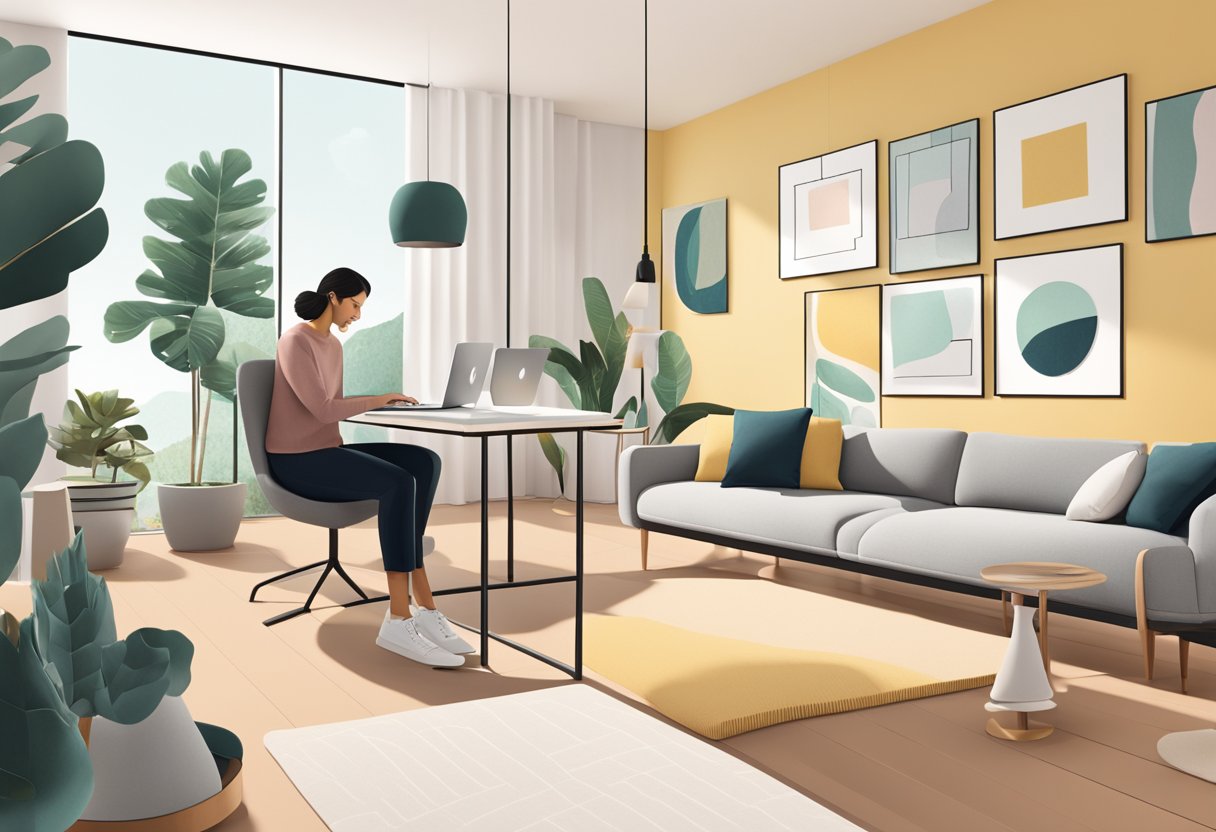 A customer browsing Castlery's website on a laptop while surrounded by modern furniture in a showroom