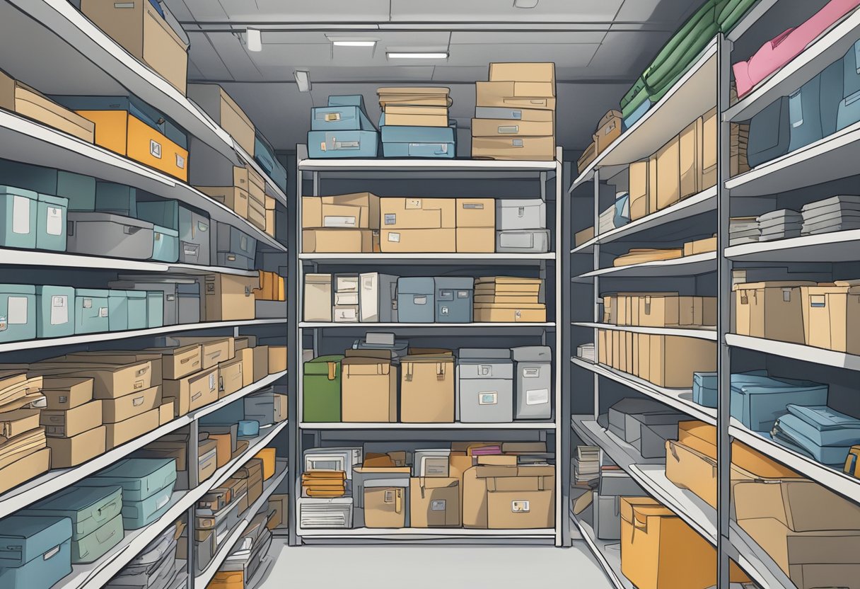 A cluttered store room rack in Singapore, filled with neatly organized Frequently Asked Questions materials
