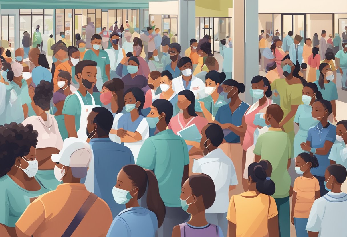 A bustling community center with people lining up for vaccinations, posters promoting public health initiatives, and healthcare workers assisting residents