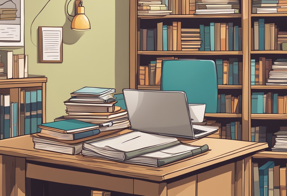 A table with a laptop and a stack of papers, surrounded by shelves of neatly organized books and decorative items. A sign with "Frequently Asked Questions" hangs on the wall