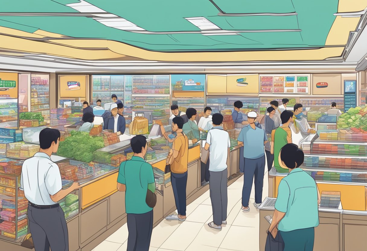 A busy Mustafa Singapore store with customers asking questions at information desks