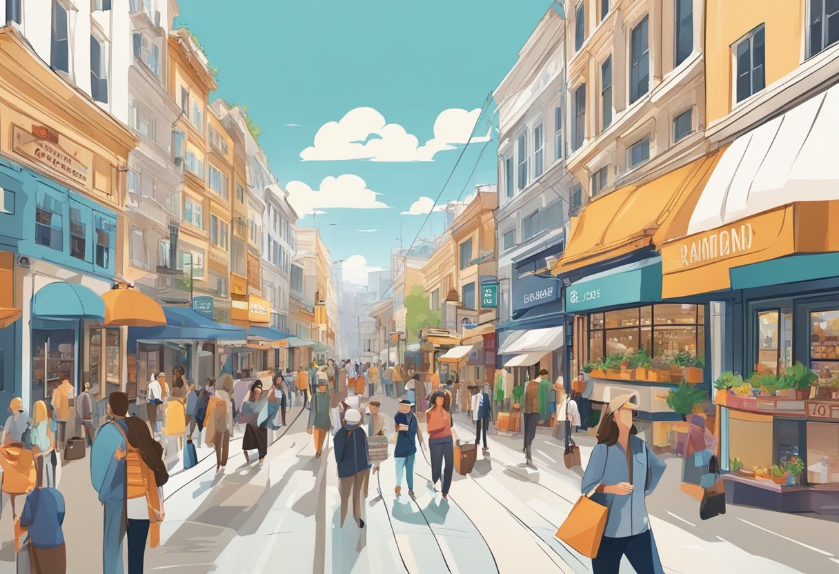 A bustling street lined with shops and cafes, with wide sidewalks and ramps for easy access. Bright signs and bustling crowds create a lively atmosphere