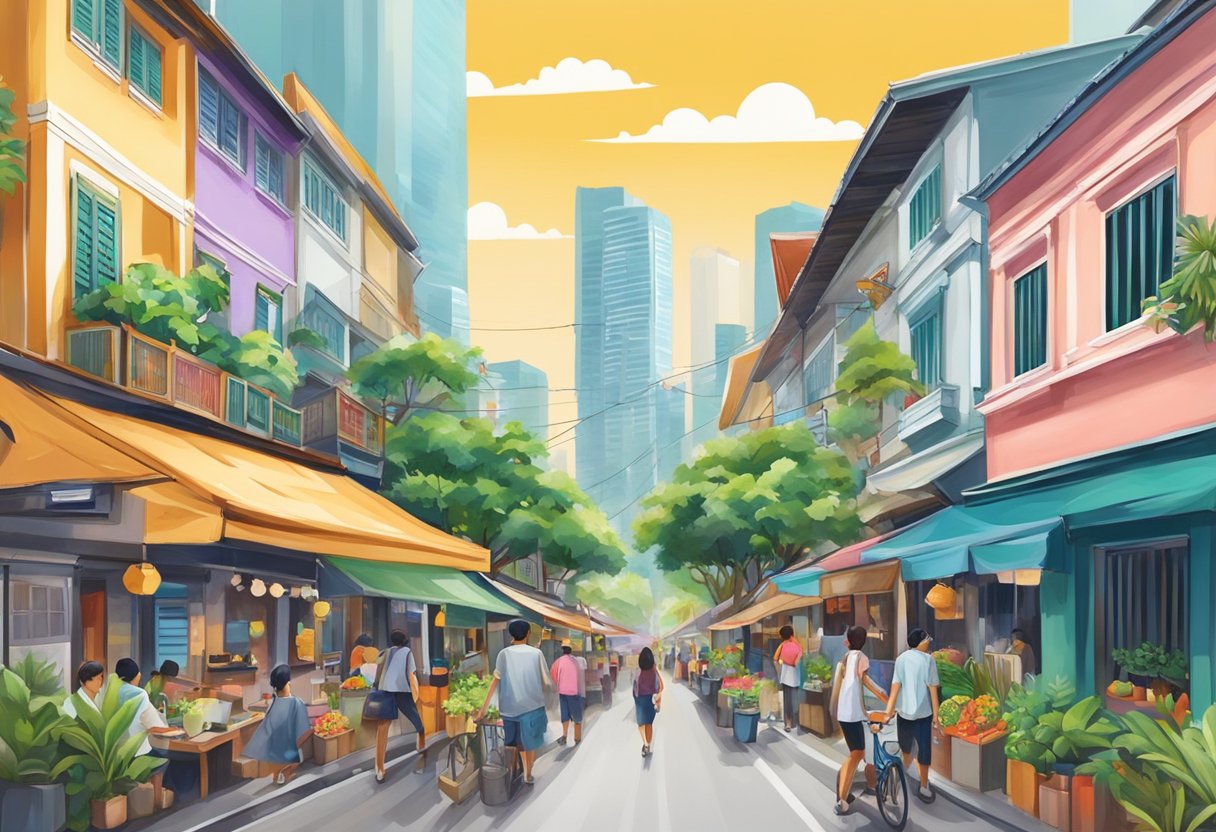 A bustling street in Tamba, Singapore, with colorful shophouses and bustling markets, surrounded by lush greenery and vibrant street art