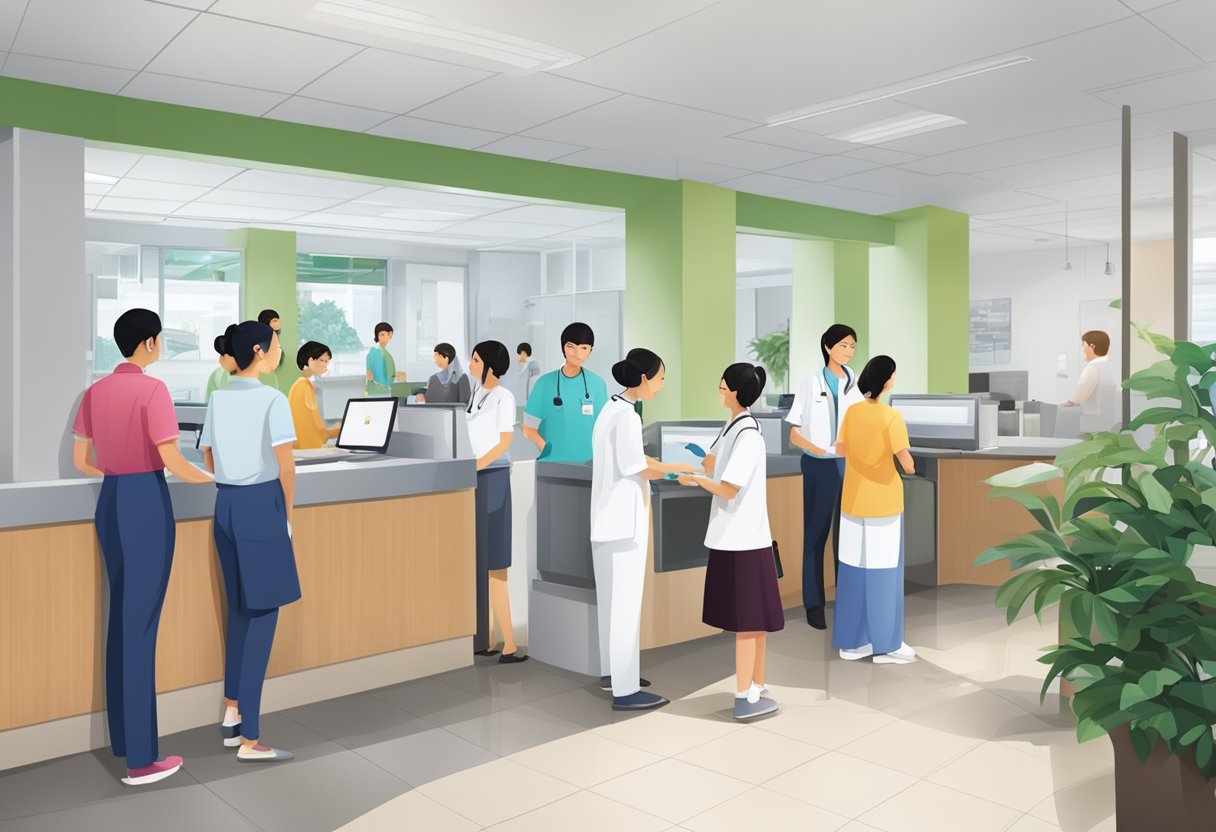 A bustling polyclinic in Singapore with patients waiting, receptionists at the front desk, and medical professionals moving about