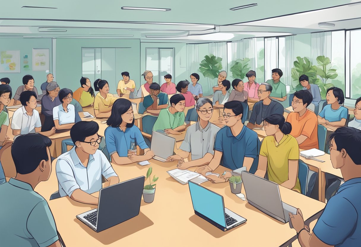 A group of people gather in a community center in Singapore, discussing frequently asked questions. The atmosphere is lively and engaging, with individuals sharing their experiences and knowledge