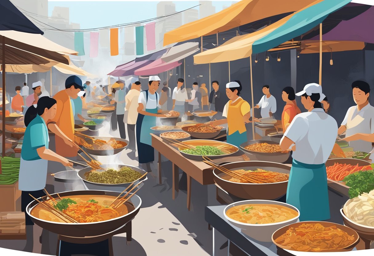 A bustling street market filled with colorful food stalls, aromatic spices, and bustling crowds. A chef expertly grills skewers of satay while a vendor offers steaming bowls of laksa