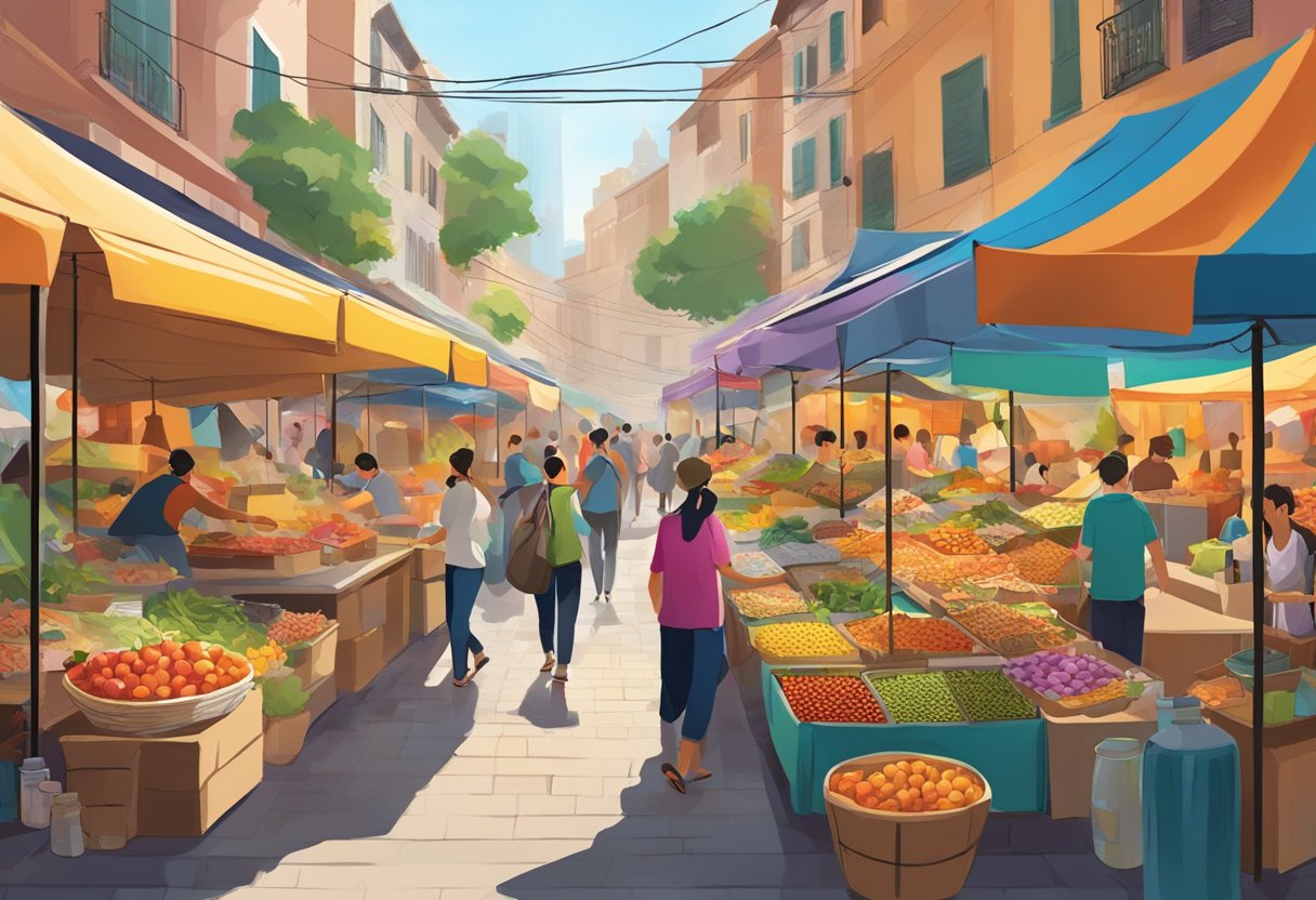 A bustling open-air market with colorful tents, vibrant street art, and a mix of aromas from sizzling street food stalls