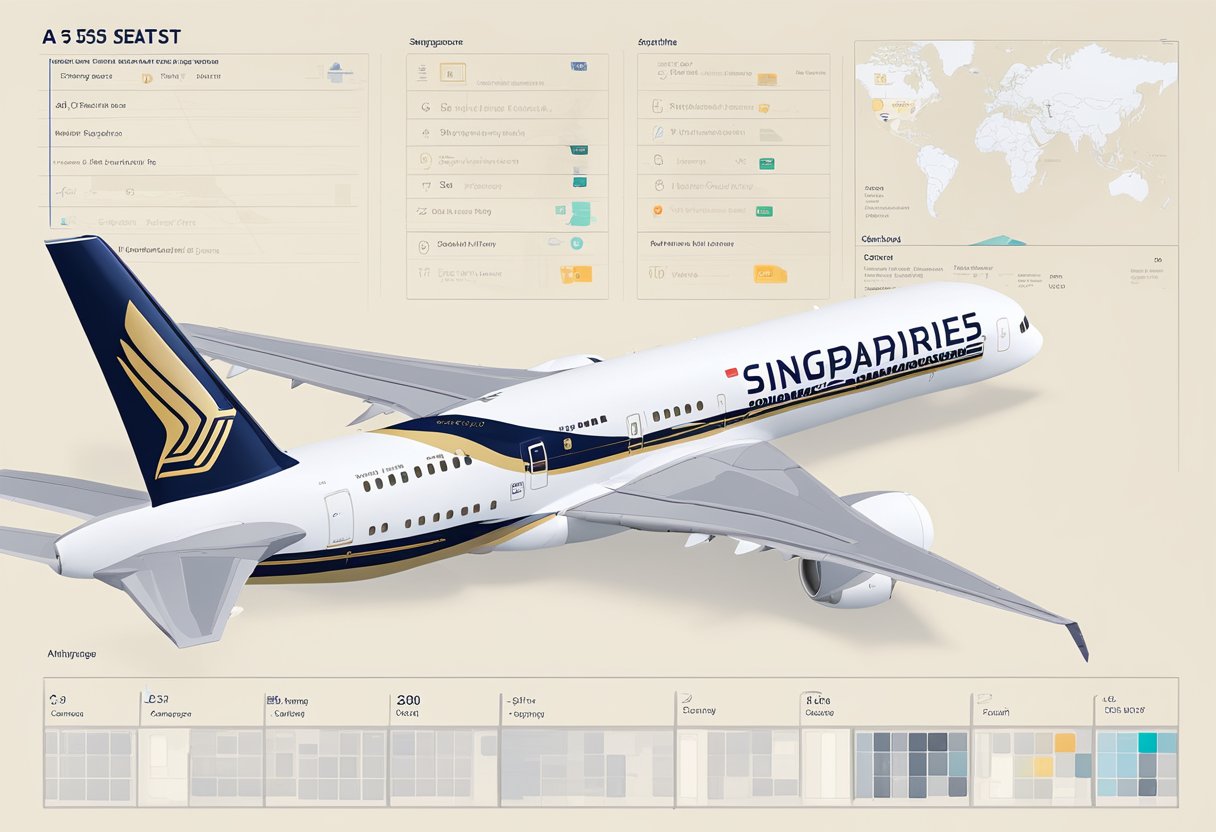 The Singapore Airlines A350 seat map is displayed on a digital screen, with rows of seats and cabin layout clearly labeled