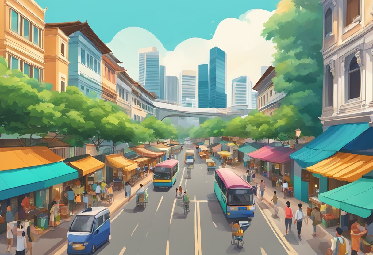A bustling street in Singapore, with colorful shophouses and busy markets, surrounded by lush greenery and the iconic skyline in the background