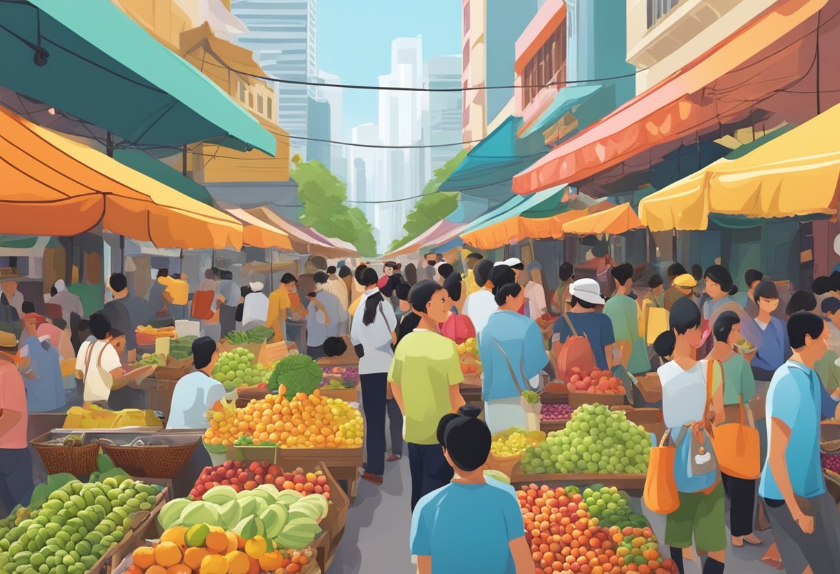 A bustling street market in Temu, Singapore, with vibrant colors, exotic fruits, and bustling crowds