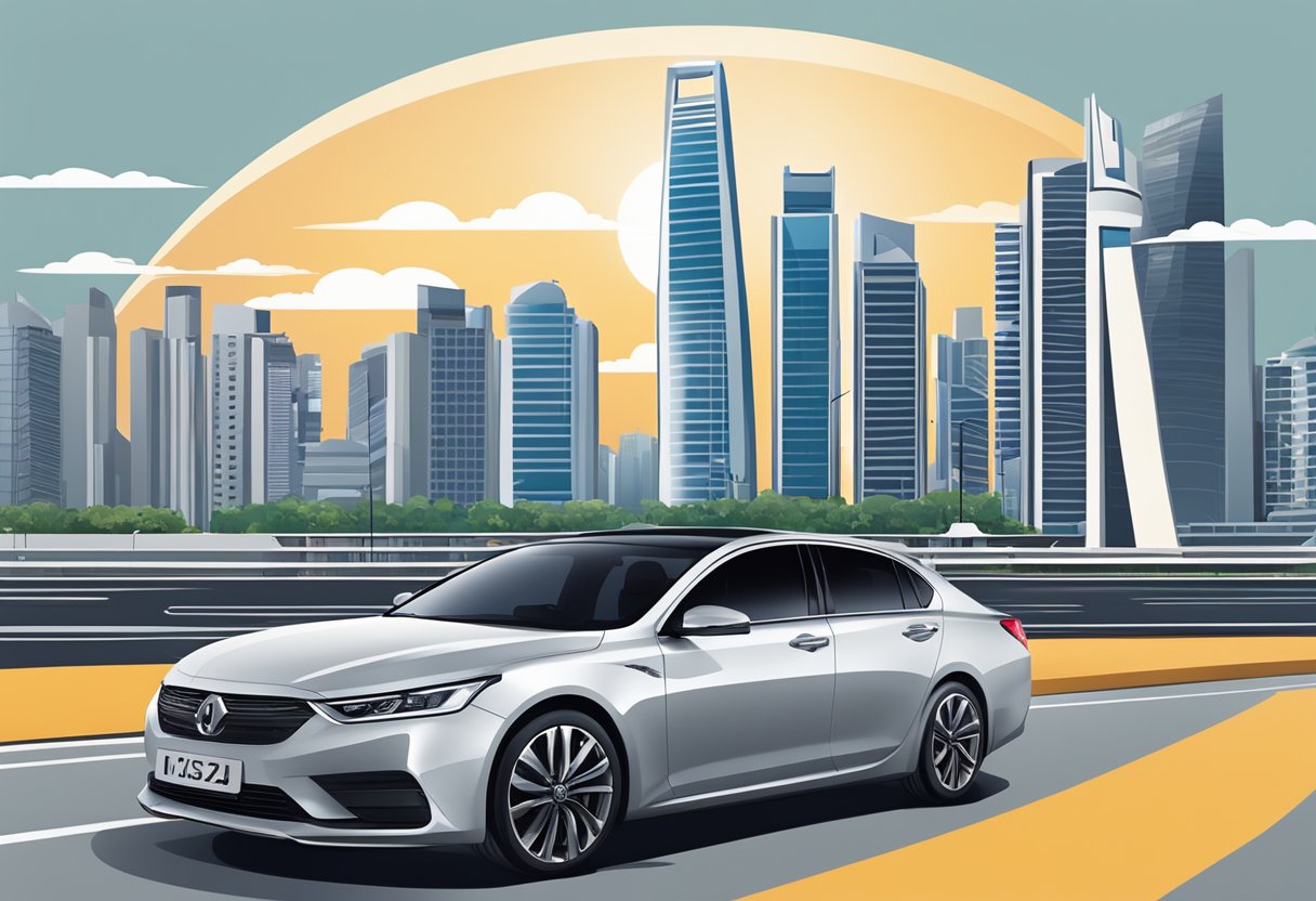 A sleek car parked in a bustling Singapore cityscape, with the iconic skyline in the background and the MSIG logo prominently displayed on the vehicle